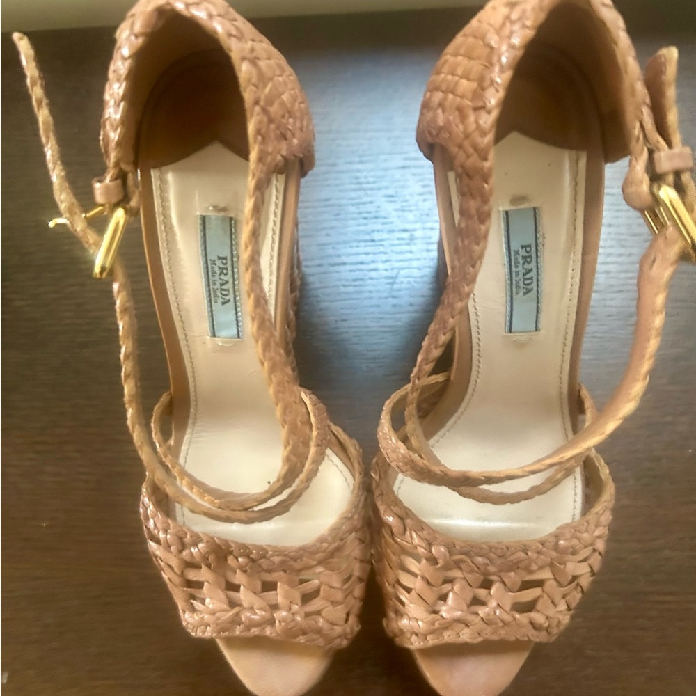 Prada Tan Heels with Woven Design and Ankle Strap
